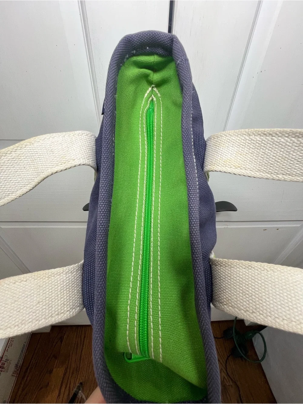 Lands End Vintage Small Zippered Tote Navy Blue/Lime Green 12x9x6